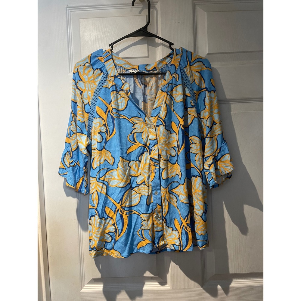 Tribal Floral Button Front Blouse Blue Yellow Ruffle Sleeve Top 21580-3912 P/S